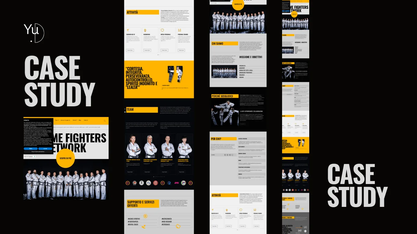 Case study del sito Extreme Fighters Network, progettato da Yu.Design con stile neo-brutalista strategico per una rete sportiva nazionale di maestri, palestre e atleti.