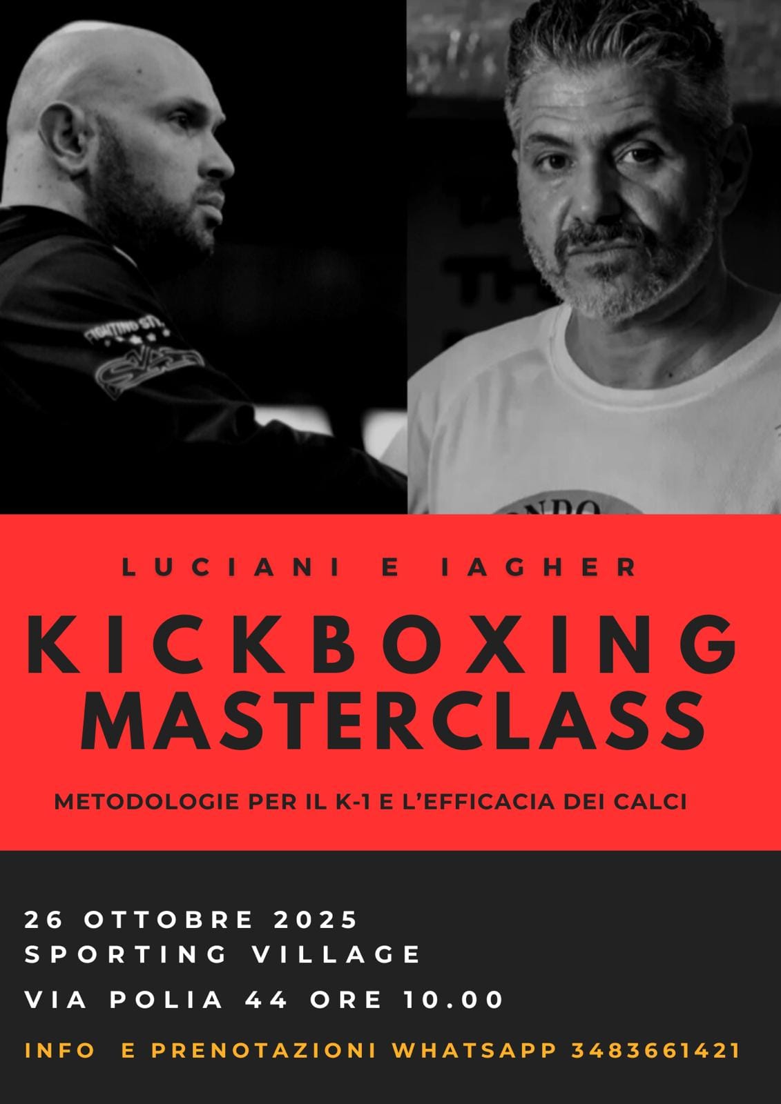 Locandina Kickboxing Masterclass con i Maestri Luciani e Iagher – 26 ottobre 2025 Sporting Village